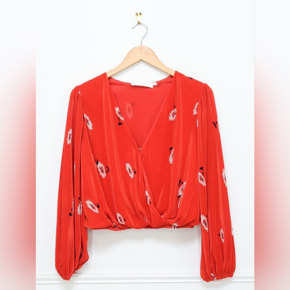 Astr Red Floral Velvet Surplice Blouse - Picture 3 of 8